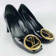 美品★LOUIS VUITTON・ルイヴィトン マドレーヌライン レディース パテントレザー メタルLVプレート付き チャンキーヒール パンプス(35.5)イタリア製 ブランド レディース靴 ブラック ビジネスのサムネイル