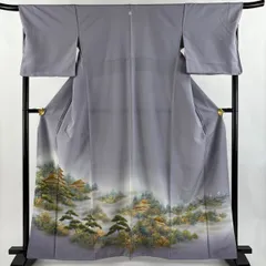 色留袖 身丈162cm 裄丈69.5cm L 袷 建物 樹木 金彩 ぼかし 灰紫 正絹 秀品 一つ紋 【中古】