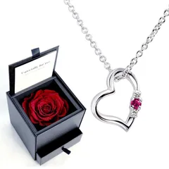 ネックレス レディース オープン ハート (ラブハート) ダイヤモンド 誕生石 ネックレス プリザーブドフラワー バラ ローズ 薔薇 ボックス付 Sears  (シアーズ)  女性 誕生日プレゼント アンティークレッド 7月誕生石 ルビー
