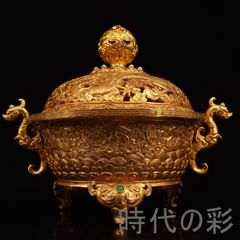 中国古美術・旧蔵獅子熏香炉セット・純銅製・鏨刻鎏金・高浮彫・置物