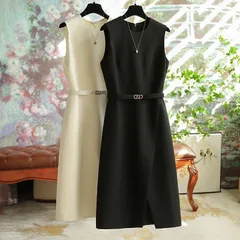 薄手 ドレス セレモニー フォーマル ワンピース ノースリーブ オフィス 大きいサイズ 結婚式 おしゃれ ブラック/ホワイト ミモレ丈 通勤 ひざ丈 20代/30代/40代/50代/60代 SGA8205