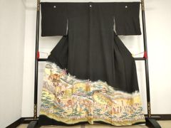 平和屋着物■豪華黒留袖　駒刺繍　遠山人物風景文　金彩　正絹　逸品　AAAN9201bw