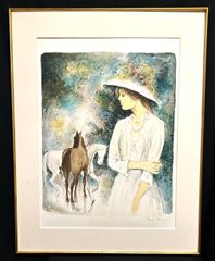 【美品】ベルナール•シャロワ 女性と馬のリトグラフ ベルナール・シャロワ ◇ エレガントな女性と二頭の馬 ◇ リトグラフ
