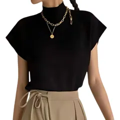 [Kanpari] フレンチスリーブ Tシャツ レディース ノースリーブ キャミソール サマーニット タンクトップ 半袖 ニットセーター ハイネック トップス インナー カットソー ｔシャツ 袖なし ゆったり [ブラック] [Free Size]