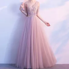 お花のデザインが可愛い Vネックのチュール イブニングドレス