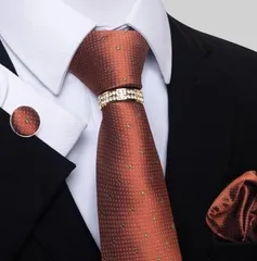 発表会　ブラウン ドット柄 ネクタイ　ポケットチーフ　カフスボタン　リング　4点 セット　結婚式　イベント　卒業式　入学式　入社式　父の日　七五三祝い　ダンスパーティー　バーテンダー　格安　ブラウン色　茶色　グリーン色　緑色　ドット柄　水玉柄