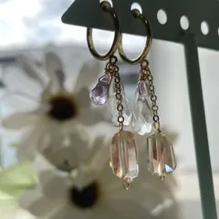 オレゴンサンストーン×アメジスト×クリスタルクォーツ　16kgpイヤリング