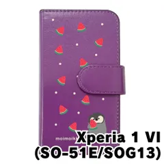 【新品未使用】Xperia 1 VI SO-51E SOG13 エクスペリア1VI スマホケース 手帳型 (色：パープル×柄：ペンギンとスイカ)moimoikka ペンギン 動物 flip2-so51e-pr-20139