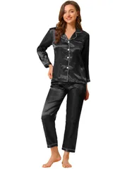 Allegra K パジャマ 上下セット 長袖 前開きパジャマ 部屋着 ルームウェア ナイトスーツ レディース ブラック XS