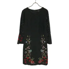 Desigual デシグアル 刺繍 花柄 長袖 レース ワンピース 40 ブラック レディース 古着