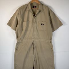古着 ディッキーズ Dickies 半袖つなぎ オールインワン ワーク 作業着 ワンポイントロゴ 胸ポケット  ベージュ系 メンズ