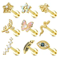 【在庫処分】ボディピアス 蝶 花 ヘビ 目 葉 レディース ミツバチ ジルコン ピアス ヘリックス ピアス ステンレス ネジ式 プラチナ ゴールド 小さめ 軟骨 アレルギー対応 誕生日 プレゼント クリスマス 9個 [Jstyle] スタッドピアス かわいい