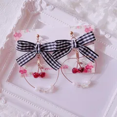 ❤️230ハートフープチェリーギンガムチェックリボンピアス／イヤリング❤️ワイン