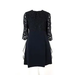 23区 オンワード樫山 19SS ワンピース 花柄 レース ドッキング 5分袖 7分袖 XS 32 紺 ダークネイビー 美品 小さいサイズ