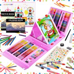【在庫セール】色鉛筆 絵の具 マーカー 水彩画 クレヨン アートセット、両面イーゼル セット、新進アーティスト向けの 子供用 学用品 画材 お絵描きセット ケースギフトガールズボーイズキッズティーンズ 290点 子供2人遊び用 KINSPORY (ピンク)
