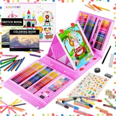 【在庫セール】色鉛筆 絵の具 マーカー 水彩画 クレヨン アートセット、両面イーゼル セット、新進アーティスト向けの 子供用 学用品 画材 お絵描きセット ケースギフトガールズボーイズキッズティーンズ 290点 子供2人遊び用 KINSPORY (ピンク)のサムネイル
