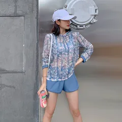 M L XL メッシュ ラッシュガード 3点セット 長袖 フード フーディー パーカー  ラッシュガード  体型カバー  ショートパンツ プルオーバー オシャレ ブルー フィットネス