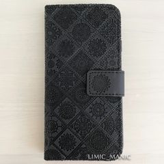 iPhone 7 8 SE (第2世代/第3世代) SE2 SE3 ケース スマホ 手帳型 カードケース ブラック 黒 黒色 エスニック風 曼荼羅模様 アイフォン