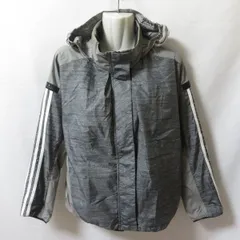 古着 レディースM adidas/アディダス 裏起毛 ウインドブレーカージャケット ジップ フード スポーツ 防寒 グレー/ホワイト/ブラック DN1314 fg4681