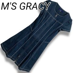 M'S GRACY エムズグレイシー デニムワンピース 半袖 ノーカラー プリーツ カジュアルワンピース スカート ジップ付き サイズ38 品番：JY-521132 0939H