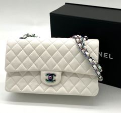 【鑑定済み】正規品 レア 未使用 シャネル CHANEL キャビアスキン マトラッセ Wフラップ Wチェーン ホワイト レインボー金具