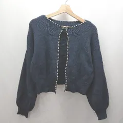 ◇ ⊇ natural couture パール装飾 ハイゲージ 長袖 カーディガン サイズF ネイビー レディース E  【1503060042816】