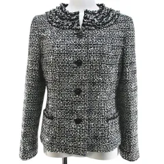 ハナエモリ HANAE MORI ツイード ノーカラー ジャケット 38 黒系 ブラック フリンジ ブレード ボタン 裏地 日本製