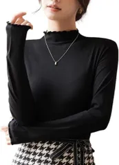 G-tiamo ジーティアモ 薄手 ハイネック タートル インナー メロー シャツ 無地 カットソー レディース トップス 長袖 秋冬 重ね着 ブラウス タートルネックシャツ しゃつ たーとる はいねっく 透け 感 着回し 力(ブラック,  M)