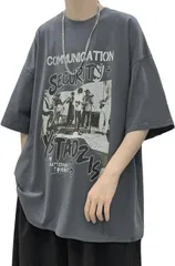 XL_グレー [Luxe Relax] メンズ tシャツ 半袖 ロゴ 綿100％ バンドT レトロ 夏 ゆったり 無地 綿 シンプル おしゃれ 大きいサイズ 夏服 作業着 スタイリッシュ カジュアル カッコいい ダンス ジム アウトドア キャンプ ティーシャツ