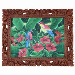2匹の鳥とハイビスカスの絵 ブンゴセカンスタイル 52X42 ハワイアン アジアン バリ絵画 アート リゾート インテリア 240401