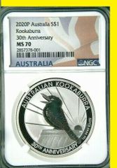 2020 Atralia Kookaburra NGC MS70  1 oz Silver prfct70  30th Ann flag label