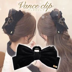 ベロアクリップ 大きめ リボン 黒 かわいい 韓国 バンズ ヘアアクセサリー