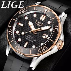 新品 LIGE スポーツオマージュウォッチ メンズ腕時計 ブラック＆ゴールドSS