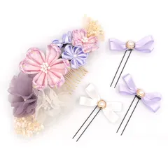 髪飾り ４点セット 京都 西陣 和小物 京あそび MIYAKO ASOBI 紫 成人式 花 和風 浴衣 着物 振袖 袴 七五三 キッズ 結婚式お呼ばれ 卒業式 入学式 髪留め コーム 子供 日本製 送料無料 W 95 CM-T7-0745 w933　Si