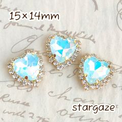 【 3個 】 15×14mm ガラス製 ハート センターパーツ ストーン ビジュー カボション ペールブルーオパール×ゴールド