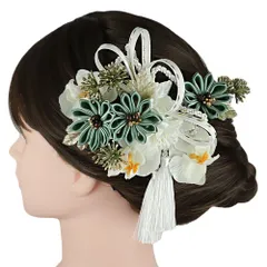 髪飾り 成人式 振袖 3点セット 緑 エメラルド 白 ゴールド つまみ細工 剣つまみ 房 房付き 組紐 造花 レース リボン カスミソ No.9-5371