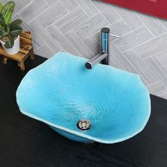 信楽焼 手洗い鉢 洗面ボウル 陶器 幅44.5cm 大型サイズ トルコブルー長角型手洗い鉢 tr-4134