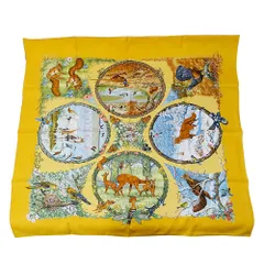 エルメス HERMES スカーフ レディース ブランド カレ90 LES QUATRE SAISONS 四季 シルク イエロー 大判 動物 おしゃれ 上品 【中古】