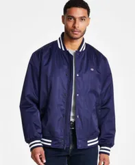 【送料無料】 チャンピオン メンズ ジャケット・ブルゾン アウター Men's Classic Logo Striped-Trim Varsity Jacket Peacoat Navy