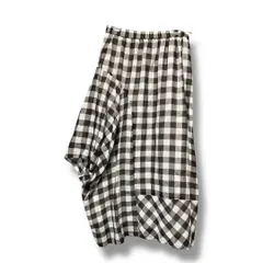 慈雨 ジウ センソユニコ ギンガムチェック柄 アシンメトリーデザイン ロングスカート コットン混 フレア ウエストゴム レディース サイズ40 ホワイト×ブラウン 秋 久喜倉庫店 k727Y