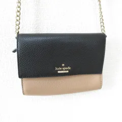 美品 kate spade new york ケイトスペード レザー バイカラー フラップ チェーンショルダーバッグ ポシェット ブラック×ピンクベージュ レディース 古着 中古 USED