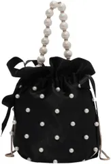 HARGIO(ハルジオ) 巾着バッグ ショルダー パーティーバッグ レディース ハンドバッグ パールバッグ ポシェット 浴衣バッグ 巾着ポーチ 小さめ おしゃれ かわいい 結婚式 袴(ブラック,  サイズ：幅16cmx高さ18cmx奥行14cm)