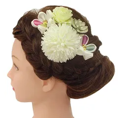 髪飾り 成人式 つまみ細工 振袖 前撮り 袴 花 5点セット まり菊 バラ 白 黄色 ライトグリーン ちりめん かんざし 洋装 日本製 No.9-5078