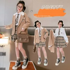 スーツ 女の子 入学式 3点セット 卒園式 セットアップ 春秋 卒業式 フォーマル チェック柄 スカート 結婚式 長袖 ブラウス リボン 七五三 M250407-19