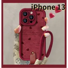 【SHOPS T】iPhone13 スマホケース 赤 ラムスキン風 ストラップ付き ハート かわいい E034