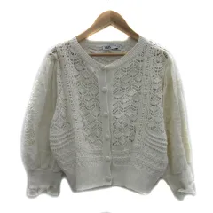 ザラ ZARA ニットカーディガン 七分袖 ショート丈 ラウンドネック レース 刺繍 オーバーサイズ S オフホワイト /YS34