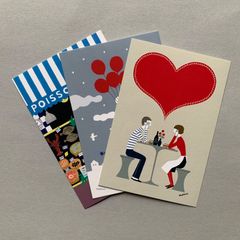 「Crazy ♡ for you」「Flying Church」「Poissonerie」ポストカード３枚セット　ゴダール　コレクターズ　魚　街並み　教会　ワイン　ハート
