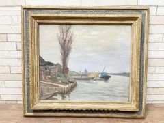 江藤純平作 絵画 アート 風景 舟 油彩 芸術 アンティーク 額縁 額付 飾り インテリア 72㎝×64cm(他112)