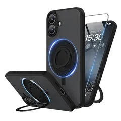 SURPHY iPhone 16 plus用スタンドケース, 6.7インチ(2024) 回転可能なシリコンリング,360°回転スタンド MagSafe対応 横縦両立 角度調整 隠し収納式 iPhone16 plus用半透明マットケース(マットブラック)