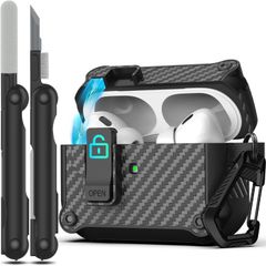 【新着商品】第 2 Pro 世代/第 1 AirPods 世代ケースカバー、安全なロッククリップ付き自動ポップアップカーボンファイバーケース、フルボディ耐衝撃ハードシェル保護ケース RFUNGUANGO (2023/2022/2019)-ブラック